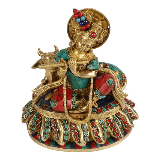 Brass Shri Krishna Idol with Cow Kishan Bhagwan Murti Lord Krishna Cow Statue with Flute Big Size Height 8 Inch - SvarupArt