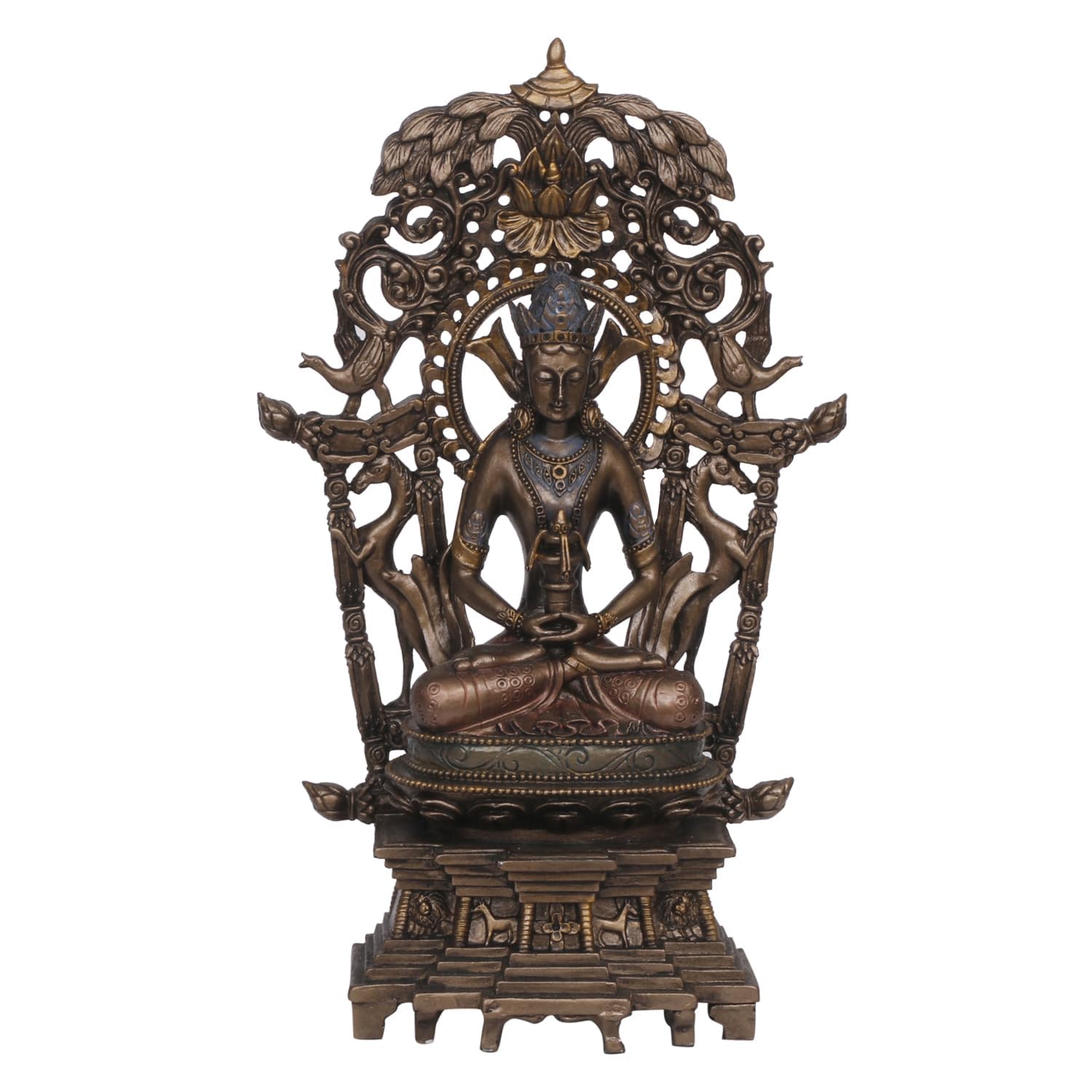 An 8-Inch Tall Bronze-Toned Resin Buddha Statue Featuring An Intricate Ornate Backdrop - SvarupArt