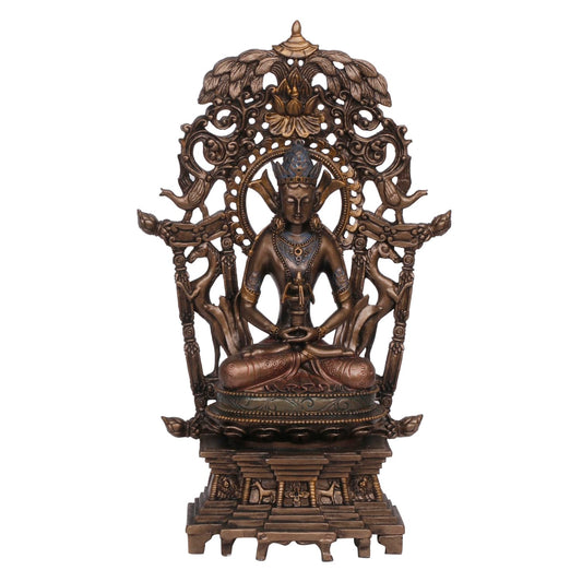 An 8-Inch Tall Bronze-Toned Resin Buddha Statue Featuring An Intricate Ornate Backdrop - SvarupArt