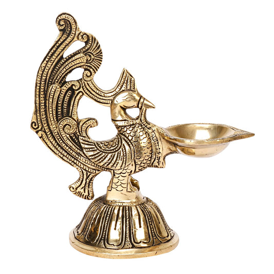 Savrup Peacock Design Brass Diya Diyas for Temple Puja Home Decoration Housewarming Gifts Size 7 Inches, Gold Color - SvarupArt