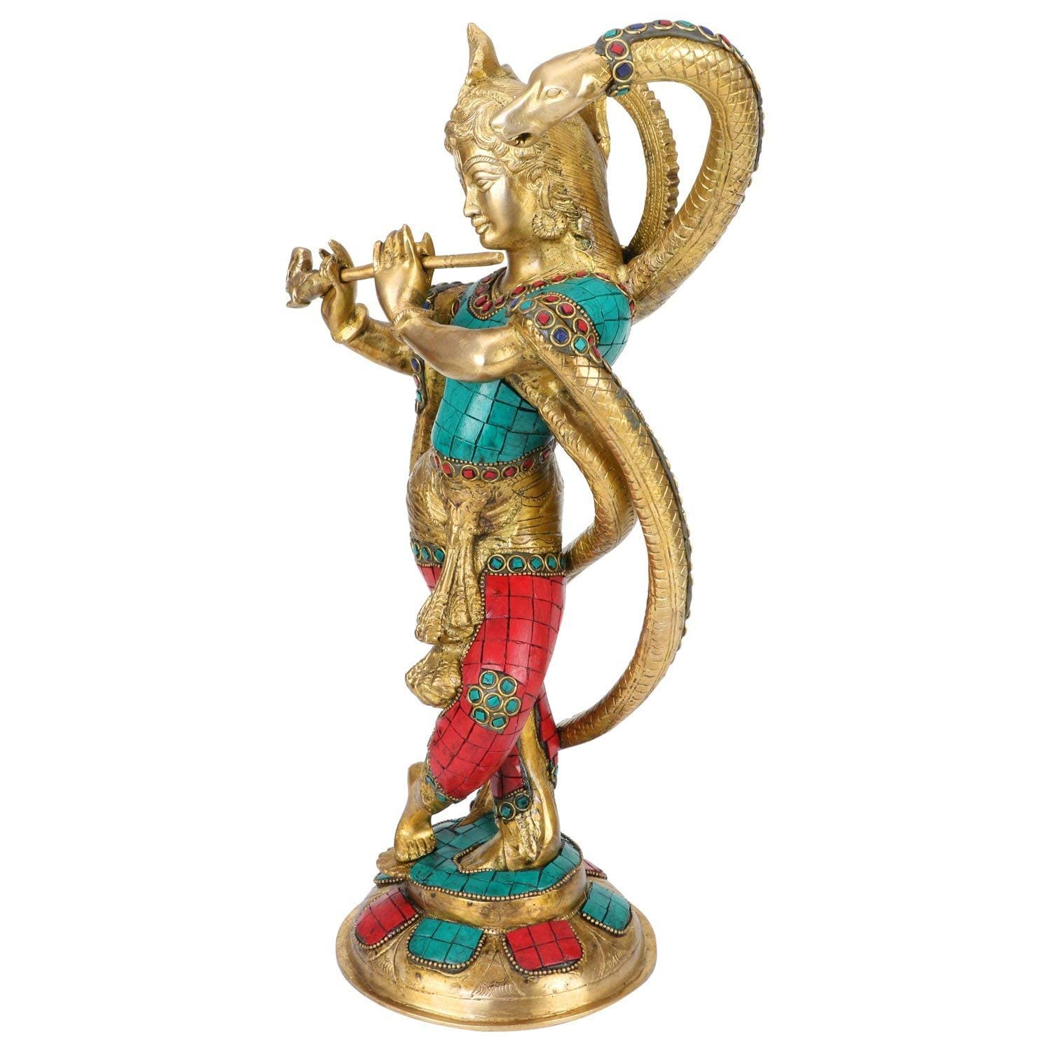 Brass Krishna Bhagwan Idol Murli Kishan Murti Playing Bansuri Gift for Home Mandir Decor Marriage Height 15 Inch - SvarupArt