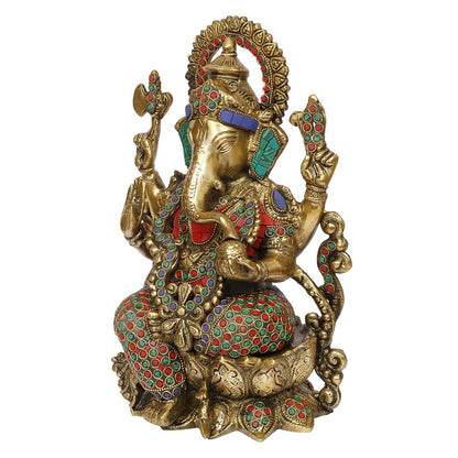 Brass Ganesha Idol On Lotus for Home Decoration Ganpati Statue Murti for Gift Height 12 Inch Weight 7 Kg Color Multicolor