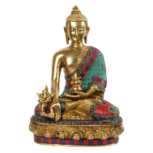 Brass Buddha Idol in Bhumisparsha Mudra Statue Tibetan Buddhist Décor Height 10 Inch Weight 3.8 Kg Color Multicolor - SvarupArt
