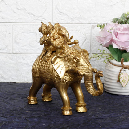 Brass Riddhi Siddhi Ganesha Ganesh Sitting on Elephant Idol Murti God Ganesha Vinayak Ganpati 8.5 Inch Gold Color - SvarupArt