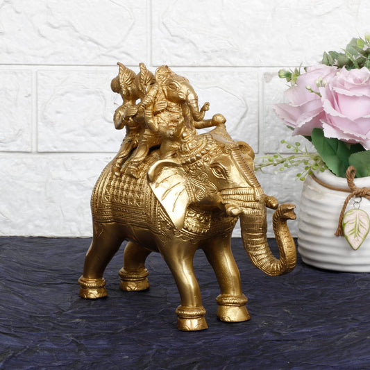 Brass Riddhi Siddhi Ganesha Ganesh Sitting on Elephant Idol Murti God Ganesha Vinayak Ganpati 8.5 Inch Gold Color - SvarupArt