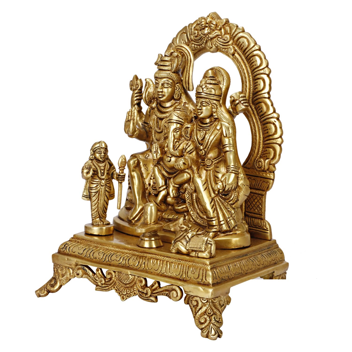 Brass Shiva Parvati Shiv Parivar Shankar Bhagwan Ganesh Family Murti Idol Statue Sculpture Gold Color Height 12 Inch - SvarupArt