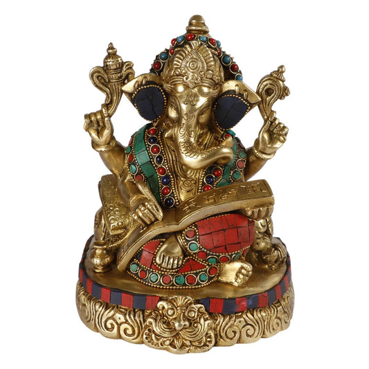Brass Sitting Ganesha Idol for Home Decoration Ganpati Statue Murti for Gift Height 8 Inch Weight 3.2 Kg Color Multicolor - SvarupArt