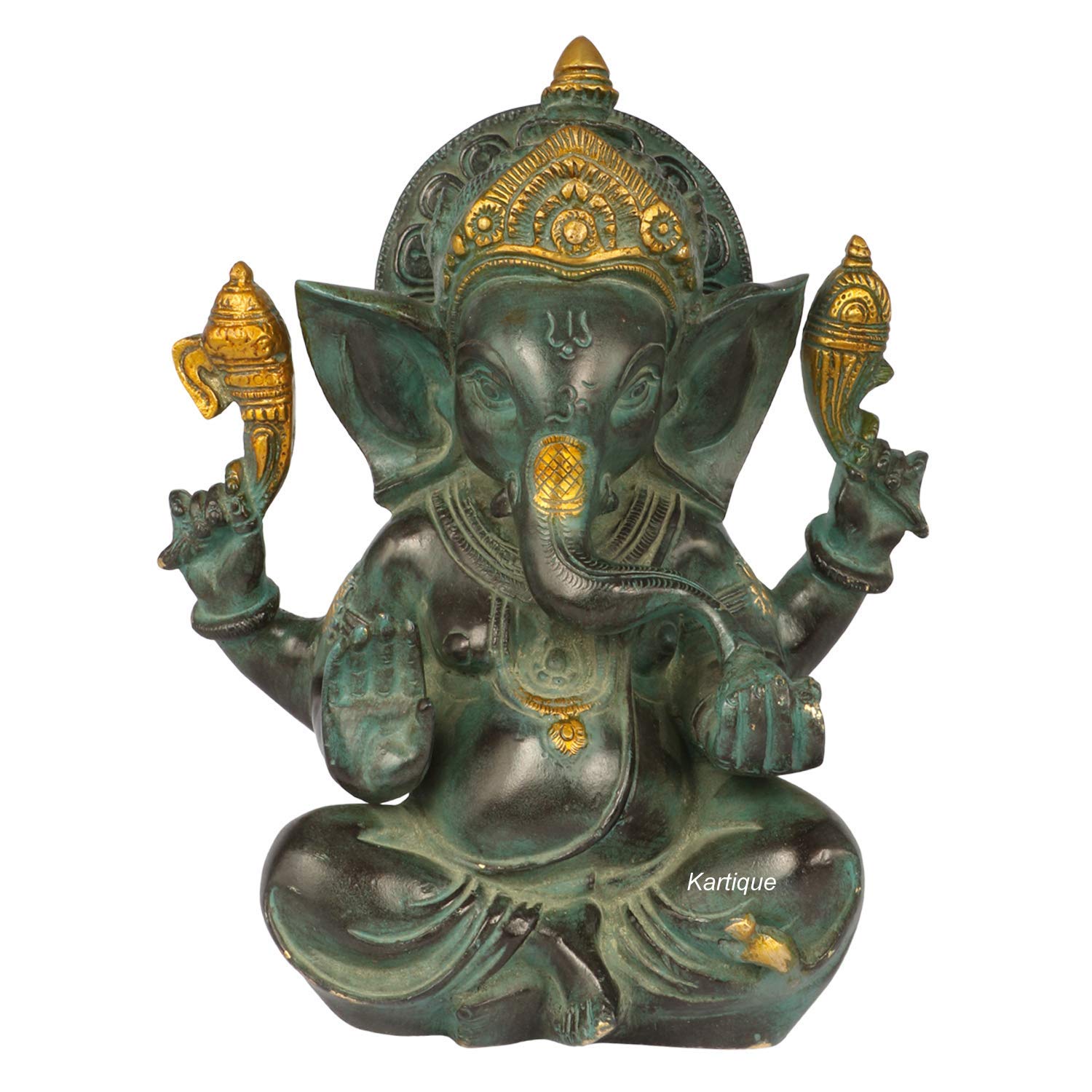 Brass Ganesha Idol for Home Decoration Ganpati Statue Murti for Gift Height 8 Inch Weight 3 Kg Color Green - SvarupArt