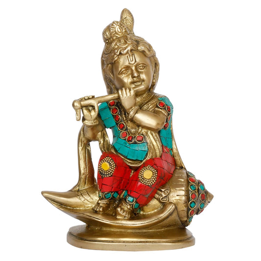 Brass Krishna on Shankh holding Flute 8 Inch Multicolor Showpiece for Home Décor 8 Inch - SvarupArt