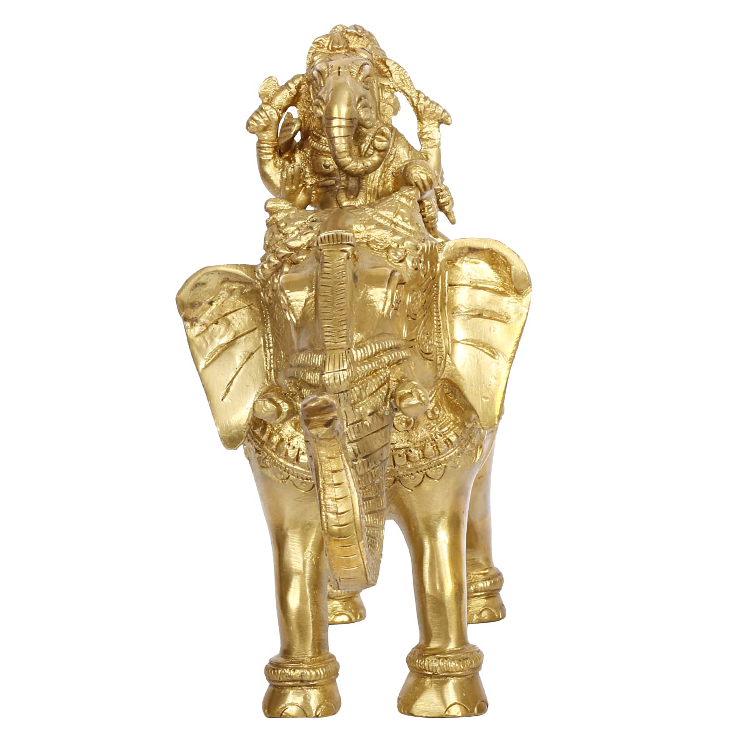 Brass Riddhi Siddhi Ganesha Ganesh Sitting on Elephant Idol Murti God Ganesha Vinayak Ganpati 8.5 Inch Gold Color - SvarupArt