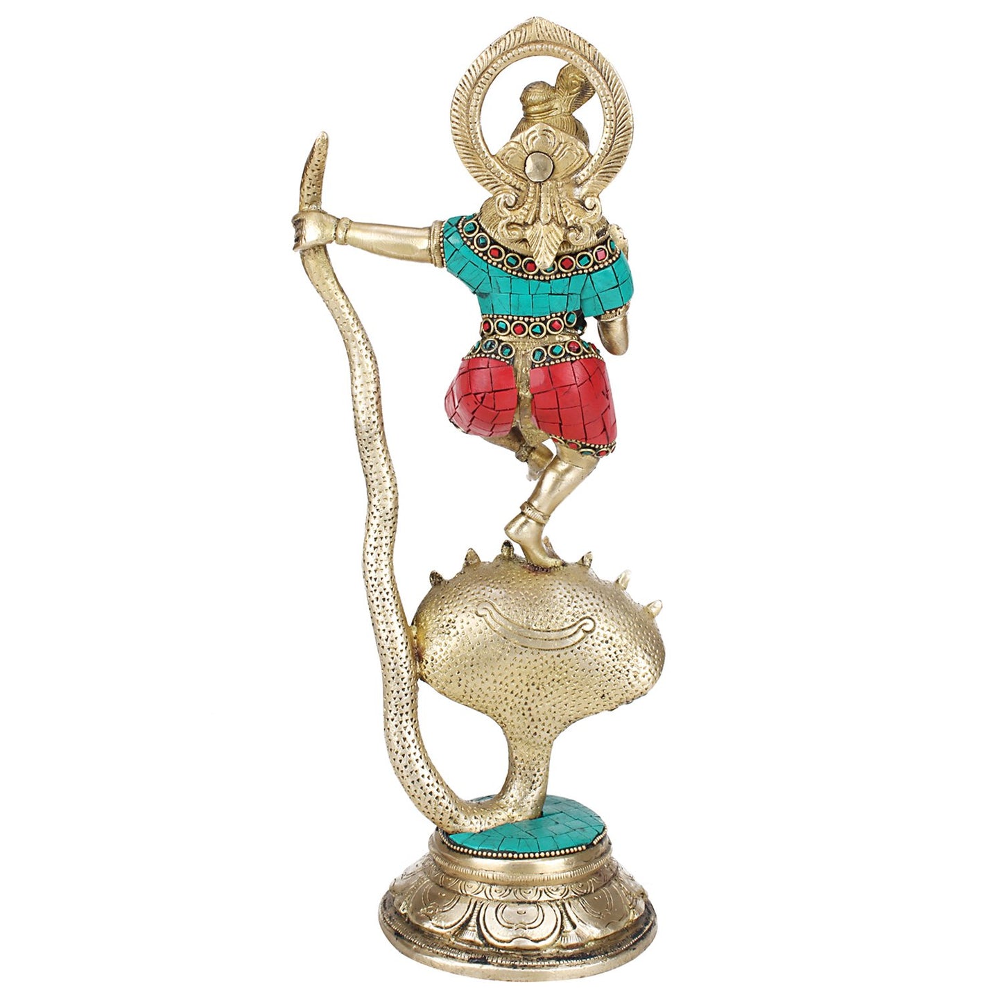 Brass Krishna Bhagwan Krishan Murti Dancing on Kaliya Naag Statue for Home Decor Temple Pooja Gift 13 Inch Multicolor