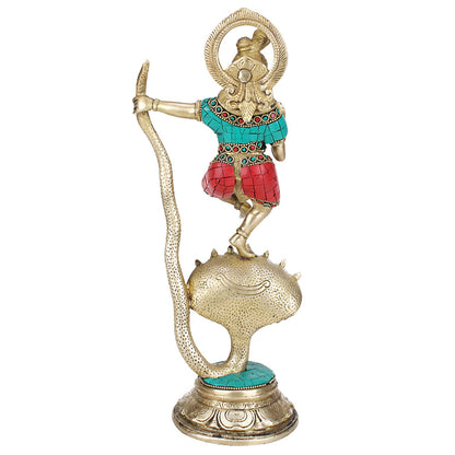 Brass Krishna Bhagwan Krishan Murti Dancing on Kaliya Naag Statue for Home Decor Temple Pooja Gift 13 Inch Multicolor