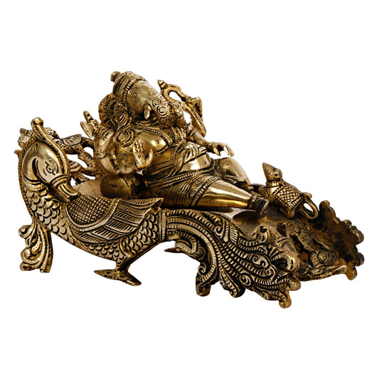 Brass Ganesha Ganesh Bhagwan Idol Resting on Designer Peacock Couch Ganapati Ganpati Murti for Home Decor - SvarupArt