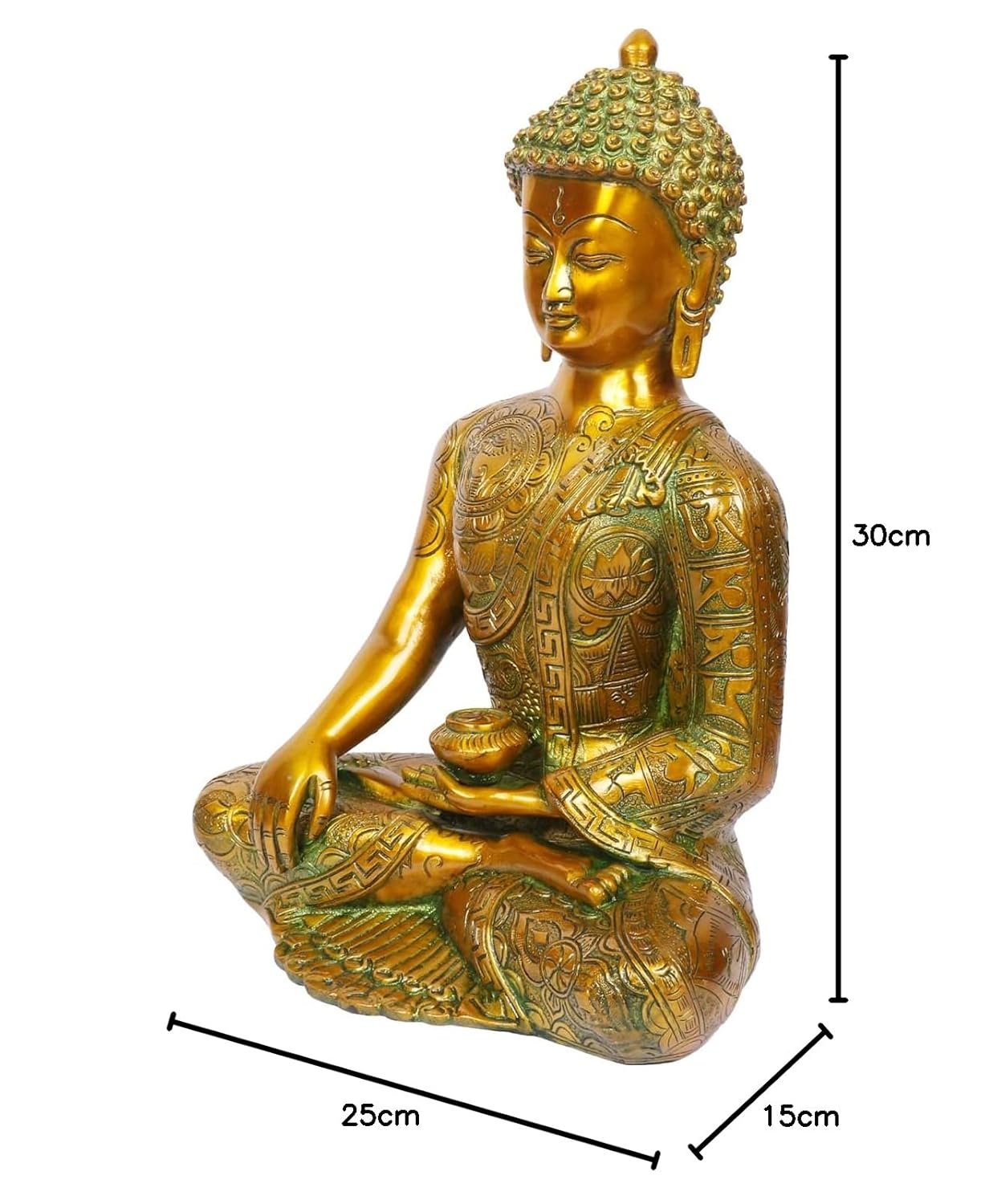 Brass Buddha Idol in Bhumisparsha Mudra Statue Tibetan Buddhist Décor Height 12 Inch Weight 6 Kg Color Golden Green - SvarupArt