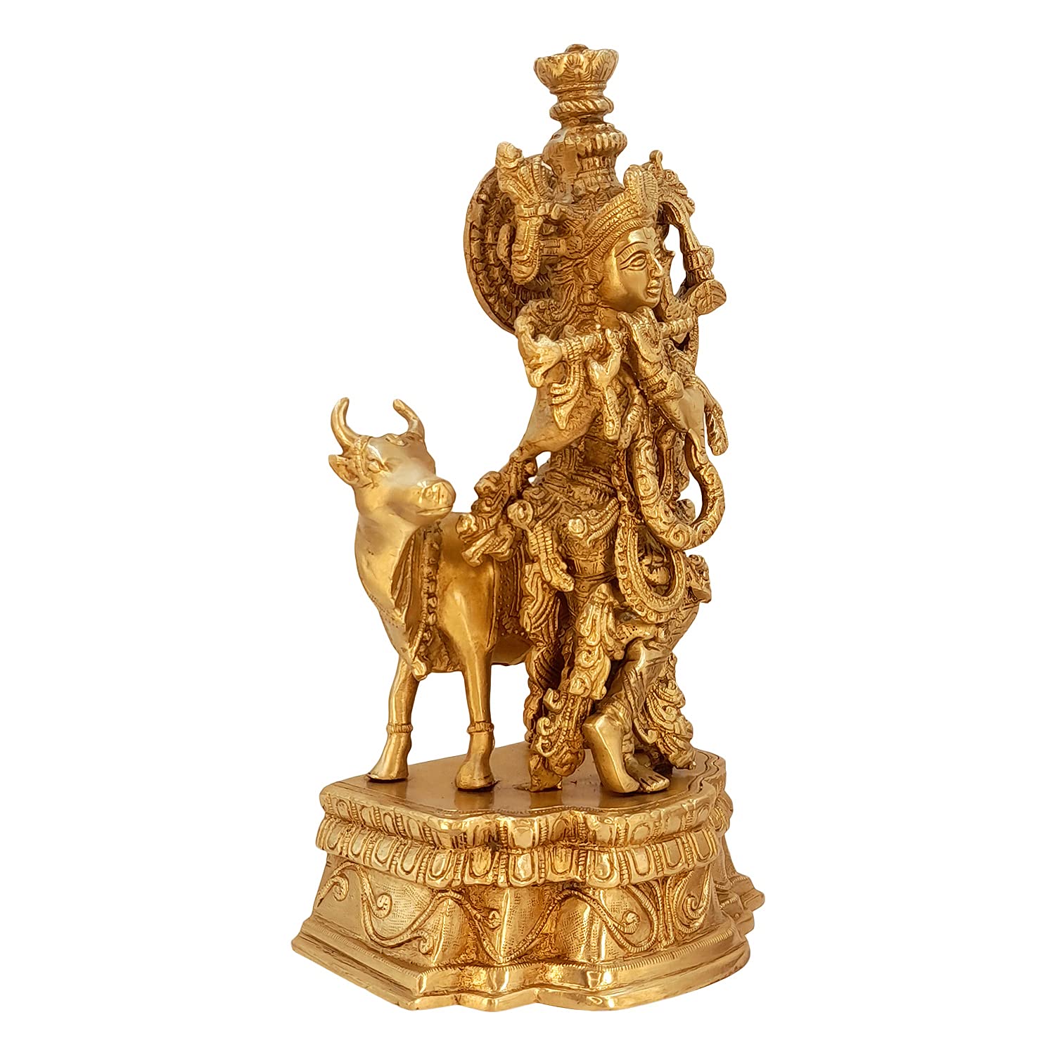 Brass Shri Krishna Idol with Cow Kishan Bhagwan Murti Lord Krishna Cow Statue with Flute Big Size Height 12 Inch - SvarupArt