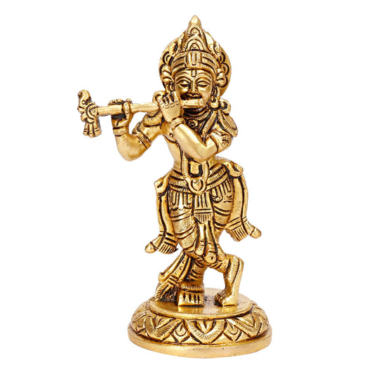 Brass Lord Krishna Idol with Flute Kanha Ji ki Murti Idols For Puja Decor Gift Gold Color Height 5.5 Inches - SvarupArt