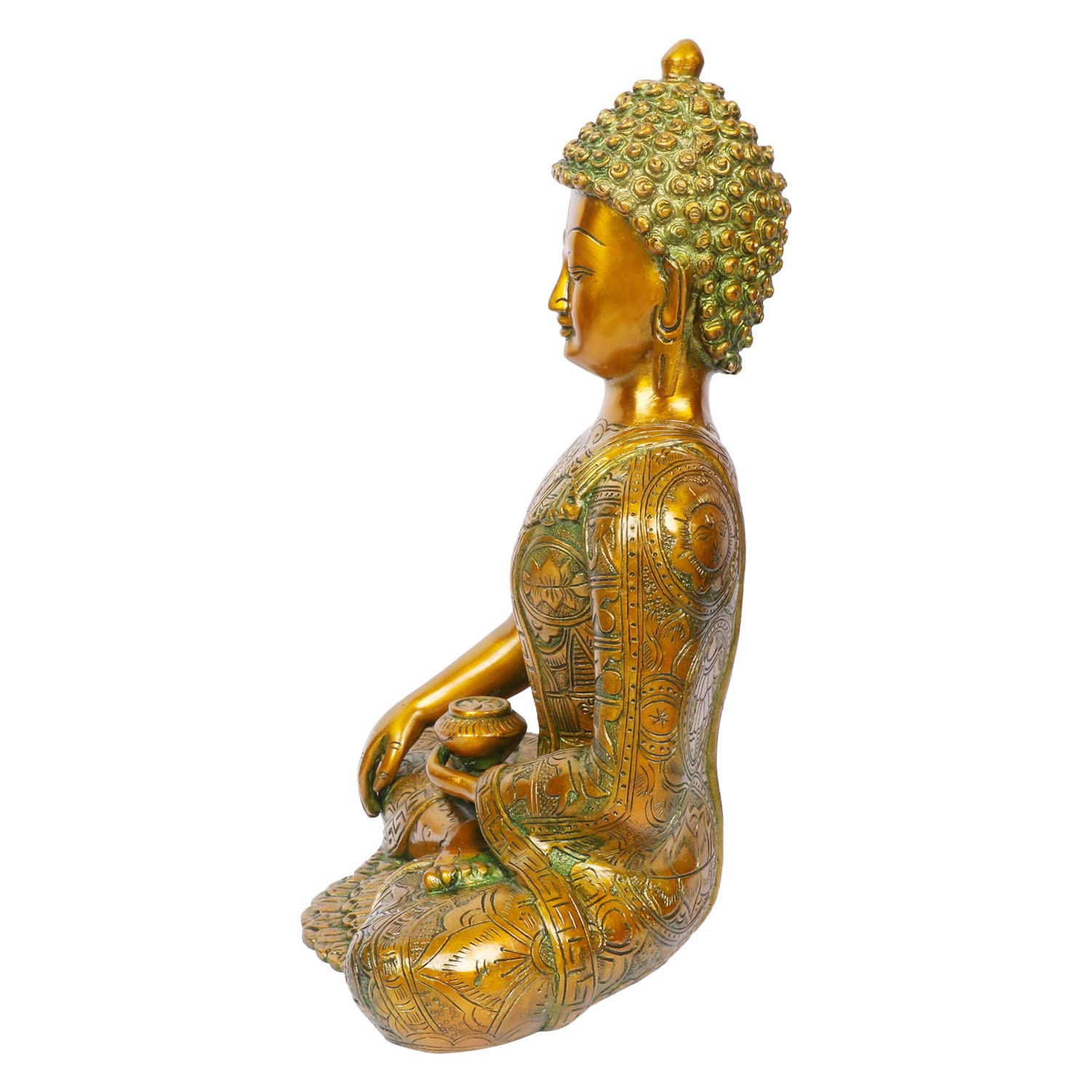 Brass Buddha Idol in Bhumisparsha Mudra Statue Tibetan Buddhist Décor Height 12 Inch Weight 6 Kg Color Golden Green - SvarupArt