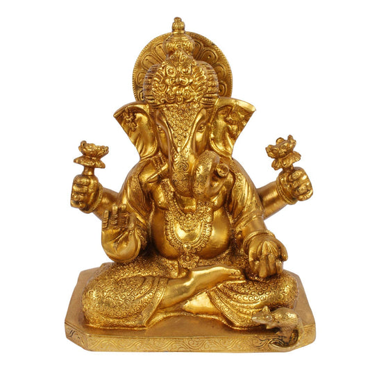 Brass Ganesha Idol for Home Decoration Ganpati Statue Murti for Gift Height 9 Inch Weight 4.4 Kg Color Gold - SvarupArt