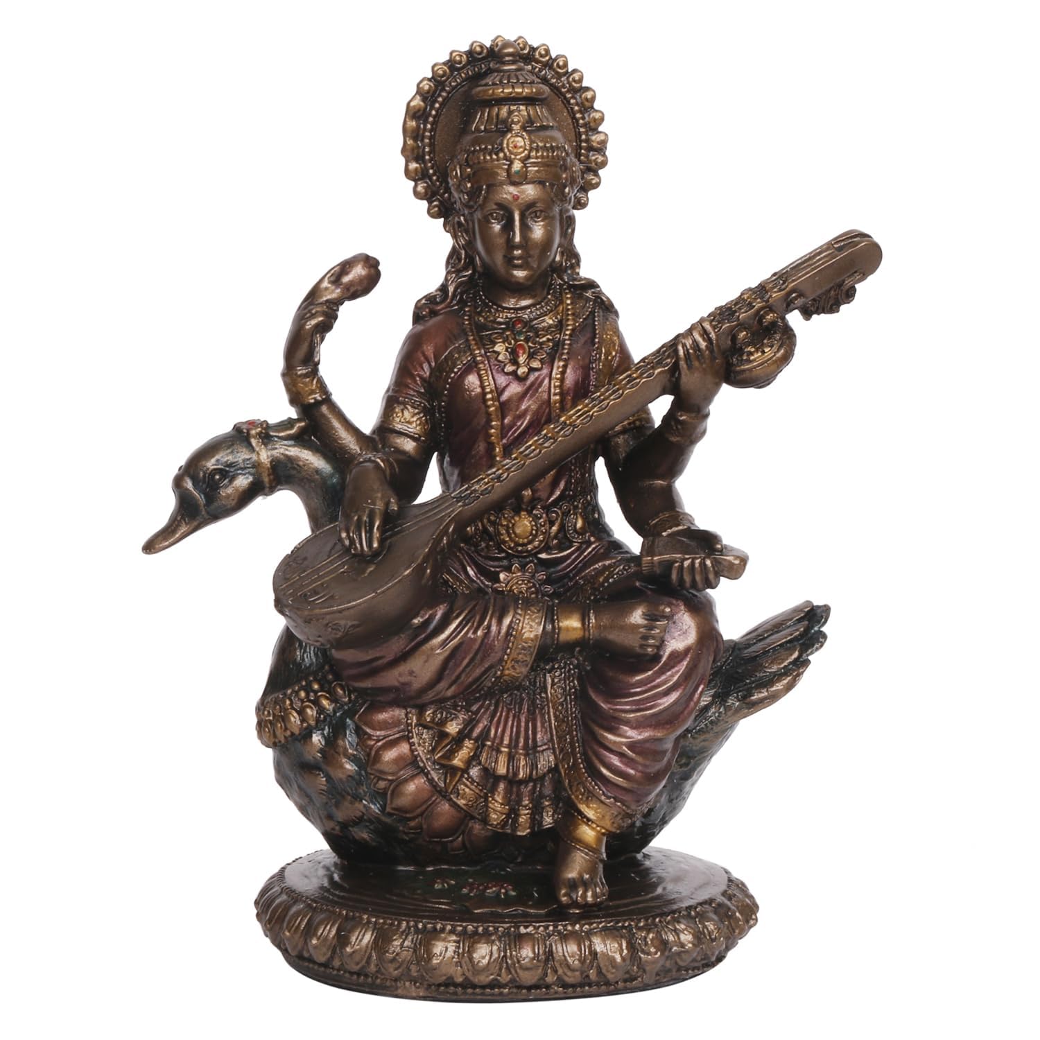 Bronze Colored Resin Saraswati Statue With A Height Of 8 Inches. - SvarupArt