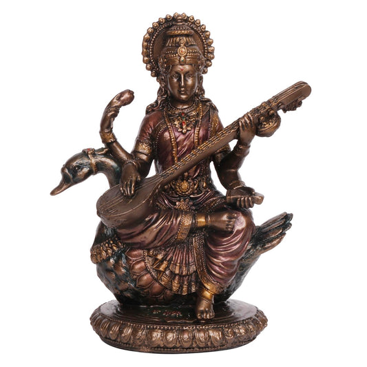 Bronze Colored Resin Saraswati Statue With A Height Of 8 Inches. - SvarupArt