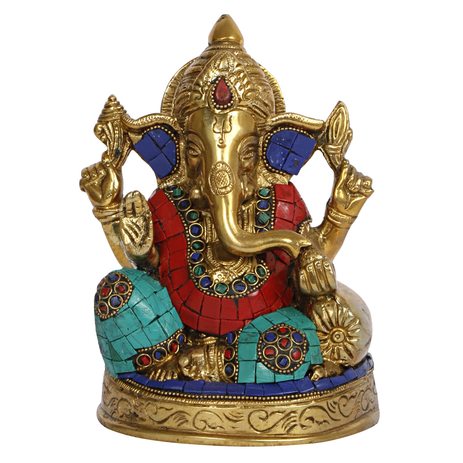 Brass Ganesh Sitting Ganesha Idol In Multicolor for Puja Home Decor Height 6.5 Inch - SvarupArt