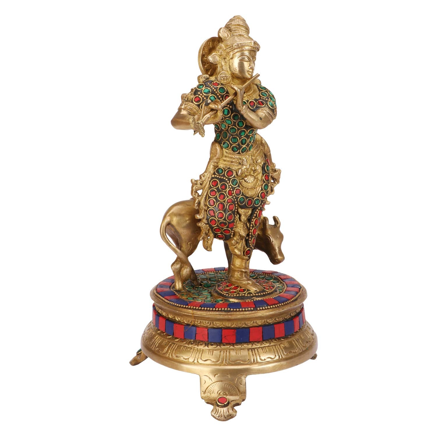 Brass Shri Krishna Idol with Cow Kishan Bhagwan Murti Lord Krishna Cow Statue with Flute Big Size Height 11 Inch - SvarupArt