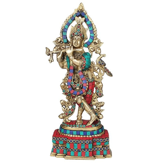 Brass Krishna Bhagwan Idol Murli Kishan Murti Playing Bansuri Gift for Home Mandir Decor Marriage Height 13.7 Inch - SvarupArt