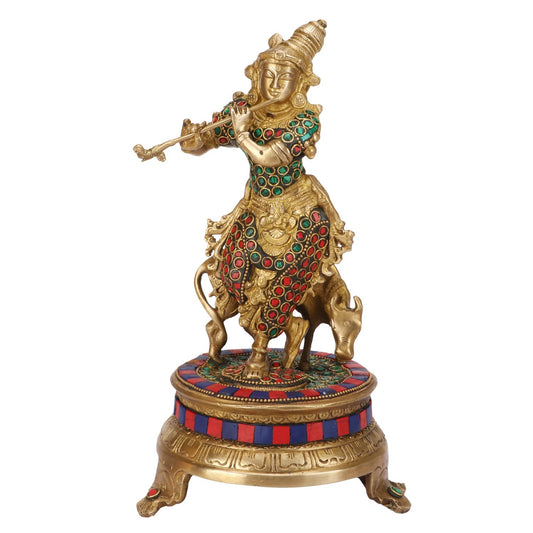 Brass Shri Krishna Idol with Cow Kishan Bhagwan Murti Lord Krishna Cow Statue with Flute Big Size Height 11 Inch - SvarupArt