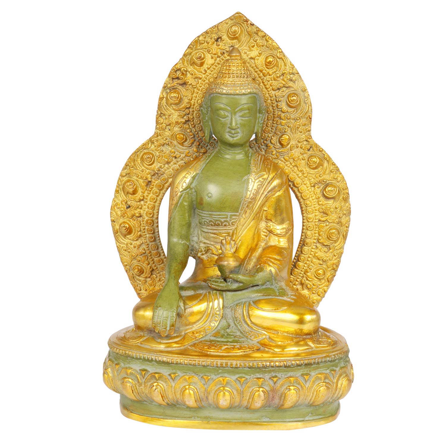 Brass Buddha Idol in Bhumisparsha Mudra Statue Tibetan Buddhist Décor Height 9.5 Inch Weight 2.7 Kg Color Gold and Green - SvarupArt