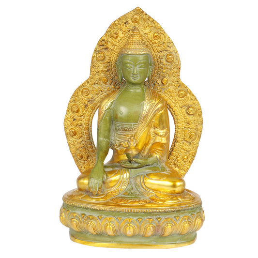 Brass Buddha Idol in Bhumisparsha Mudra Statue Tibetan Buddhist Décor Height 9.5 Inch Weight 2.7 Kg Color Gold and Green - SvarupArt