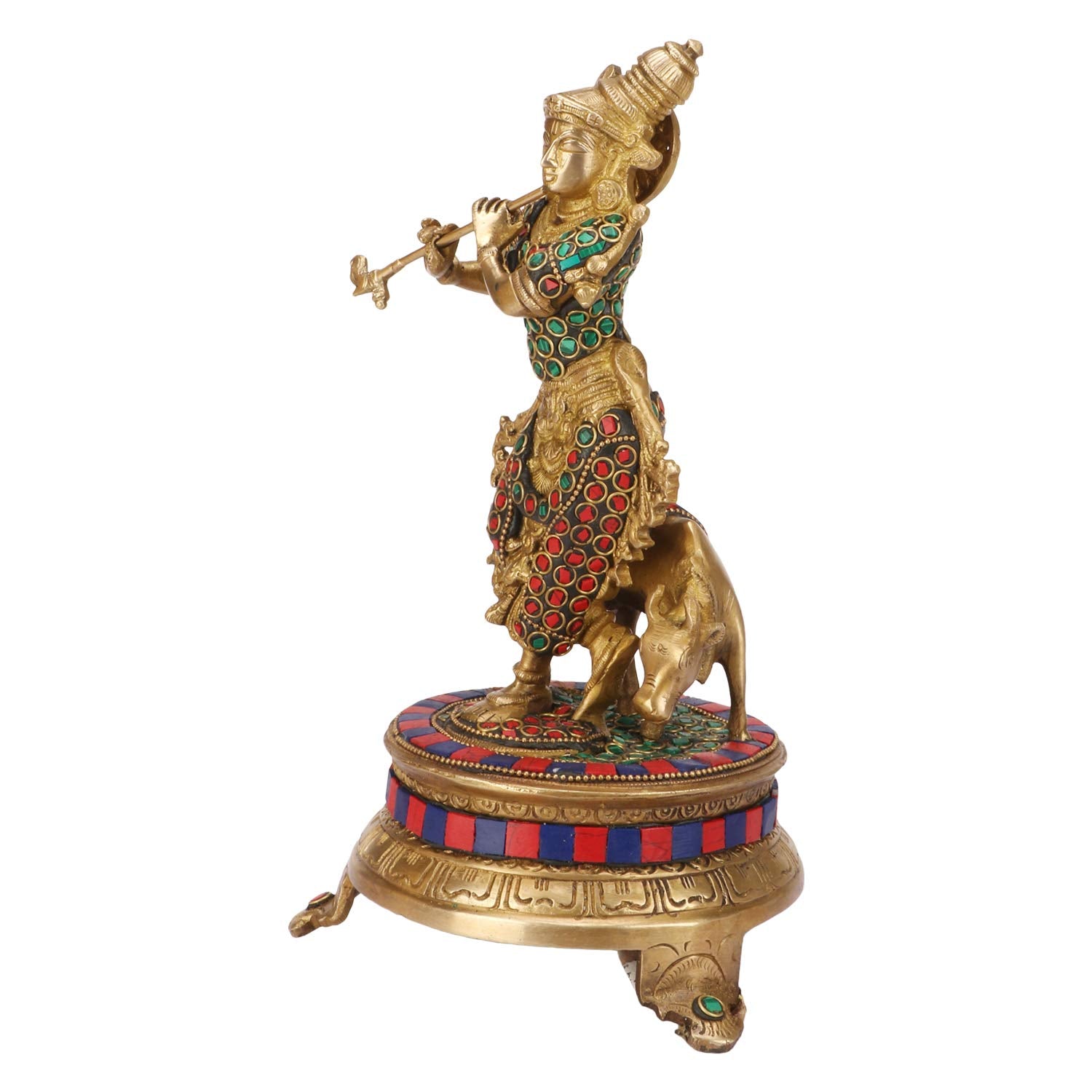 Brass Shri Krishna Idol with Cow Kishan Bhagwan Murti Lord Krishna Cow Statue with Flute Big Size Height 11 Inch - SvarupArt