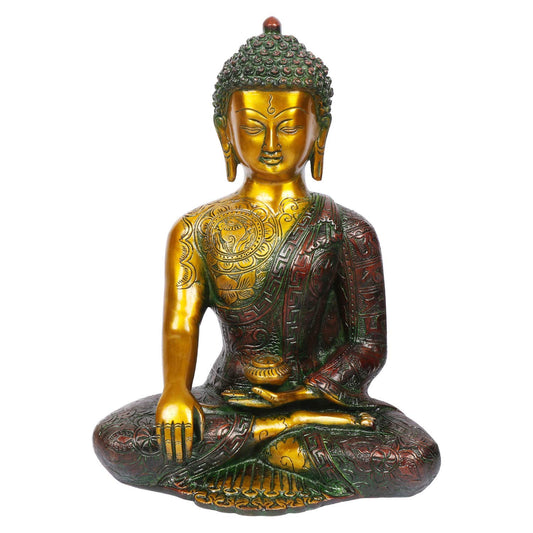 Brass Buddha Idol in Bhumisparsha Mudra Statue Tibetan Buddhist Décor Height 12 Inch Weight 6 Kg Color Golden Cherry - SvarupArt