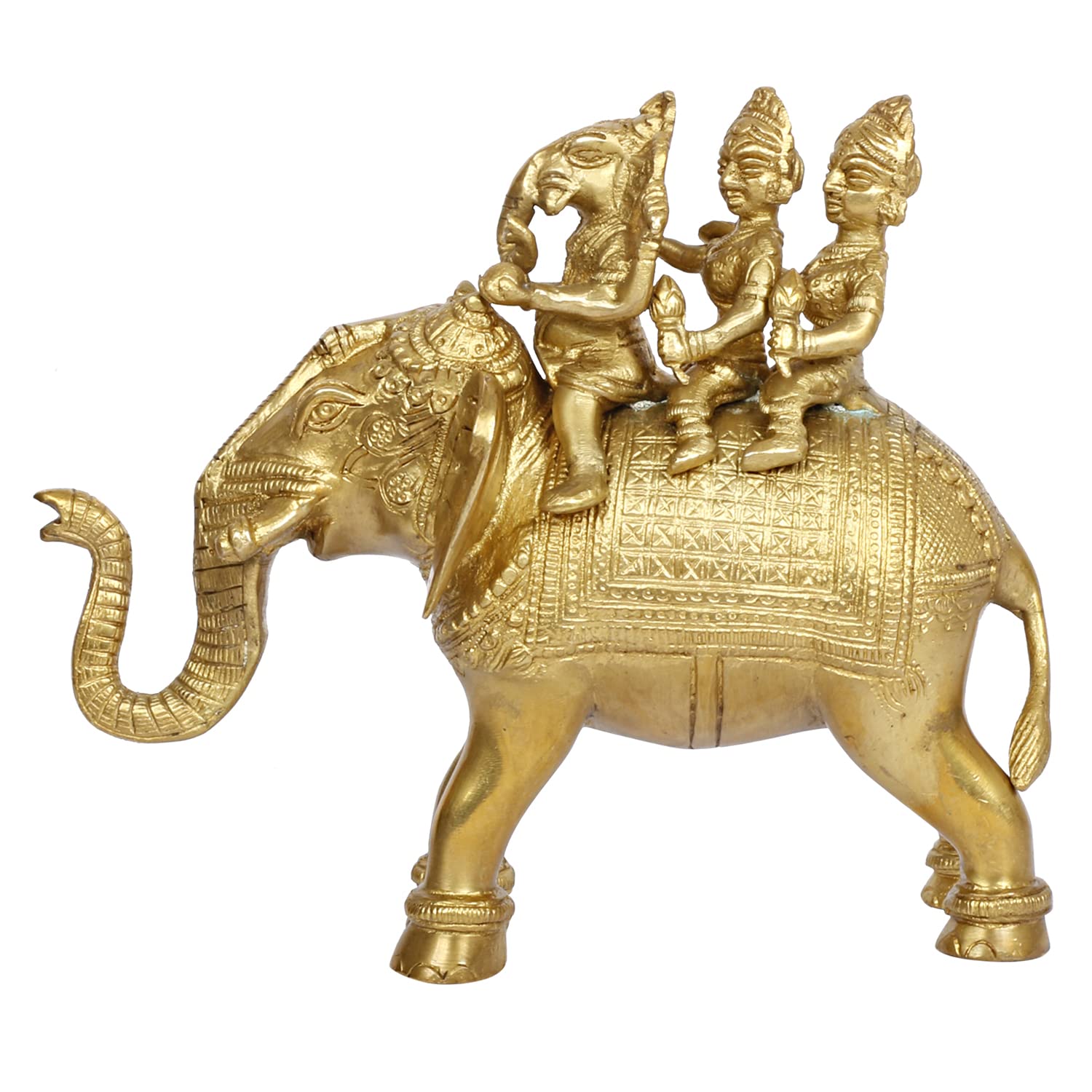 Brass Riddhi Siddhi Ganesha Ganesh Sitting on Elephant Idol Murti God Ganesha Vinayak Ganpati 8.5 Inch Gold Color - SvarupArt