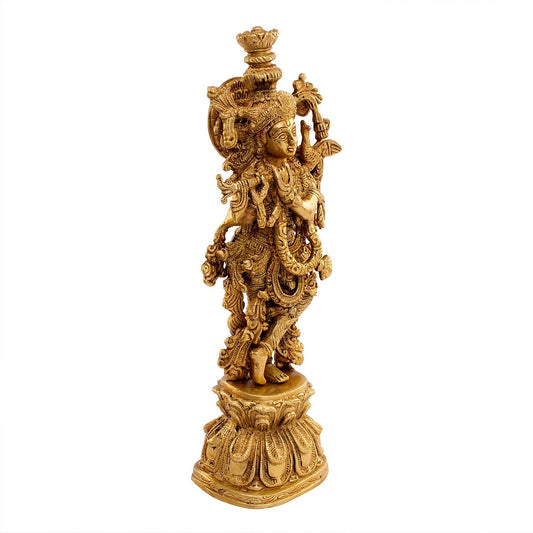 Brass Krishna Bhagwan Idol Murli Kishan Murti Playing Bansuri Gift for Home Mandir Decor Marriage Height 13 Inch - SvarupArt