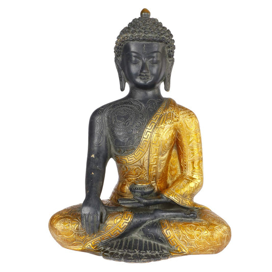 Brass Buddha Idol in Bhumisparsha Mudra Statue Tibetan Buddhist Décor Height 12 Inch Weight 6 Kg Color Golden Black - SvarupArt