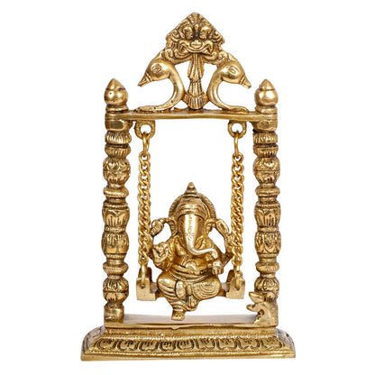 Brass Ganesha On Jhoola Swing Ganpati Showpiece Handcrafted Brass Ganesh Statue 9 Inch - SvarupArt