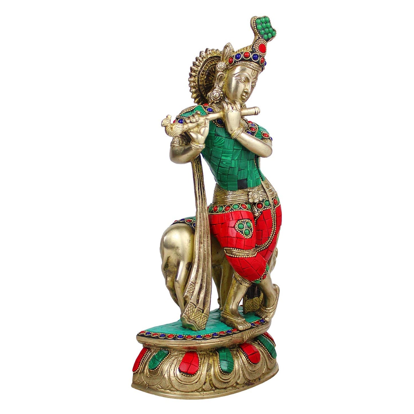 Brass Shri Krishna Idol with Cow Kishan Bhagwan Murti Lord Krishna Cow Statue with Flute Big Size Height 14 Inch - SvarupArt