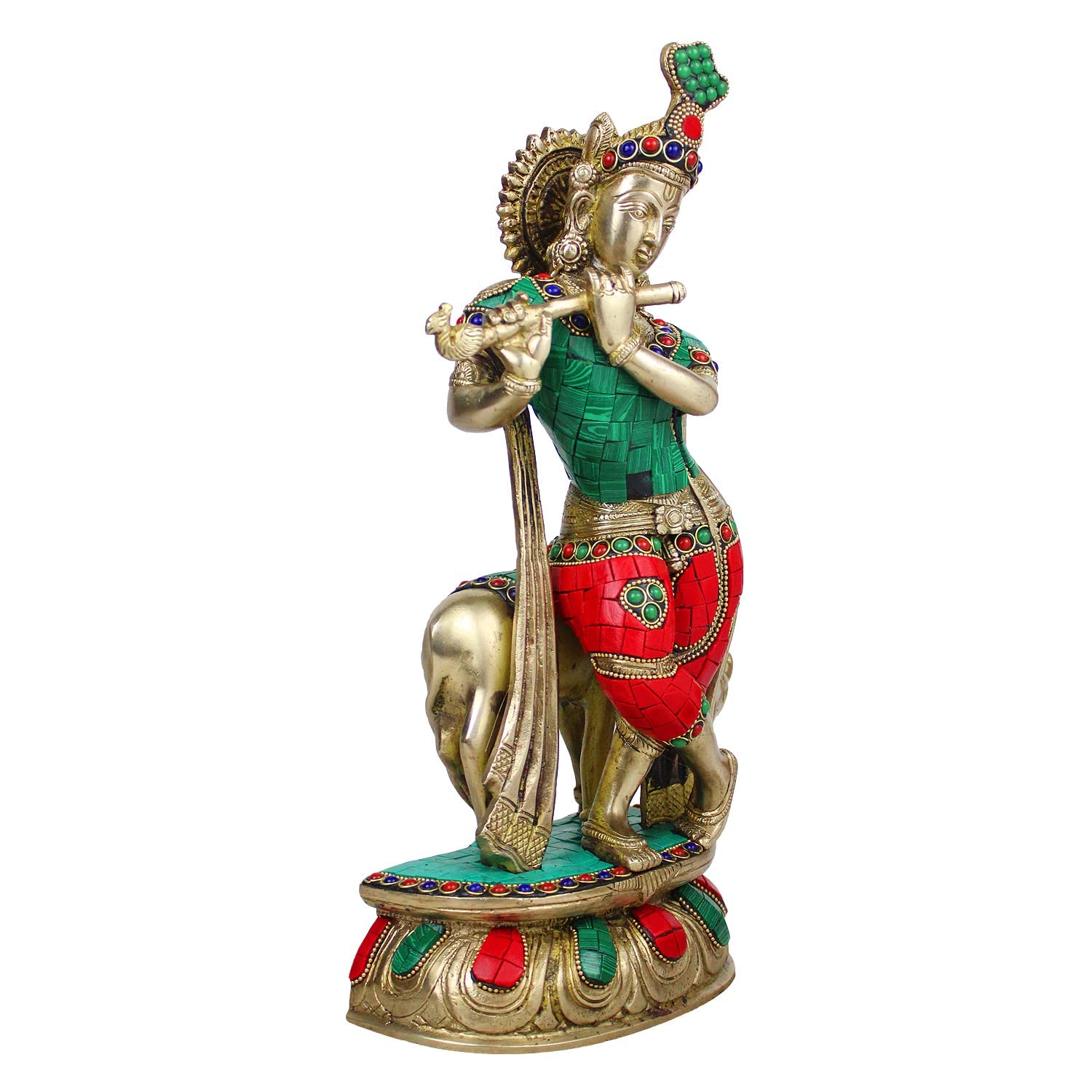 Brass Shri Krishna Idol with Cow Kishan Bhagwan Murti Lord Krishna Cow Statue with Flute Big Size Height 14 Inch - SvarupArt