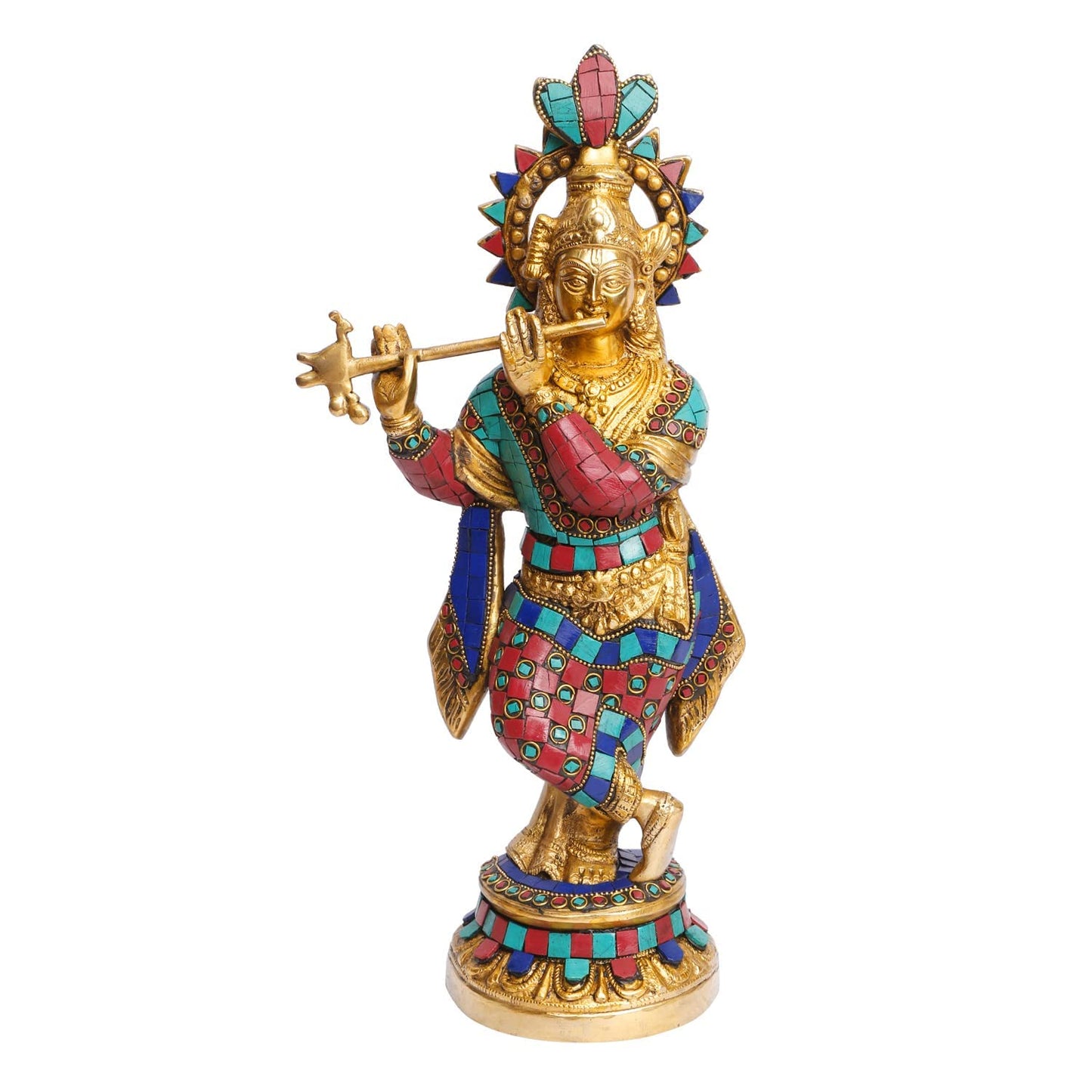 Brass Krishna Bhagwan Idol Murli Kishan Murti Playing Bansuri Gift for Home Mandir Decor Marriage Height 15 Inch - SvarupArt