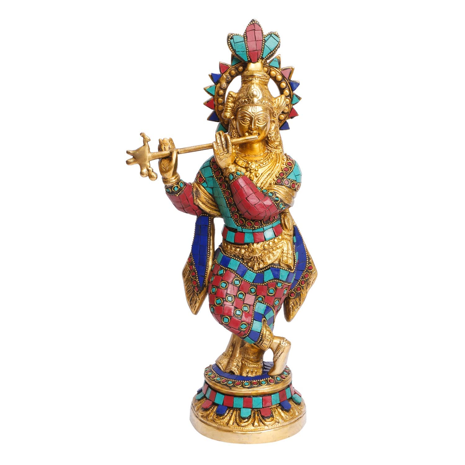 Brass Krishna Bhagwan Idol Murli Kishan Murti Playing Bansuri Gift for Home Mandir Decor Marriage Height 15 Inch - SvarupArt