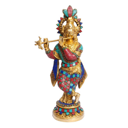 Brass Krishna Bhagwan Idol Murli Kishan Murti Playing Bansuri Gift for Home Mandir Decor Marriage Height 15 Inch - SvarupArt