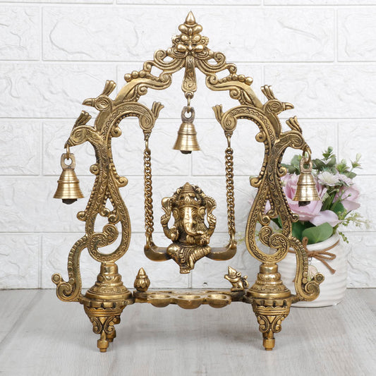 Brass Ganesha On Jhoola Swing with Hanging Bells and Diya Showpiece Ganesh Ganpati Jhula for Home & Office Temple - SvarupArt