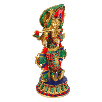 Brass Krishna Bhagwan Idol Murli Kishan Murti Playing Bansuri Gift for Home Mandir Decor Marriage Height 12 Inch - SvarupArt