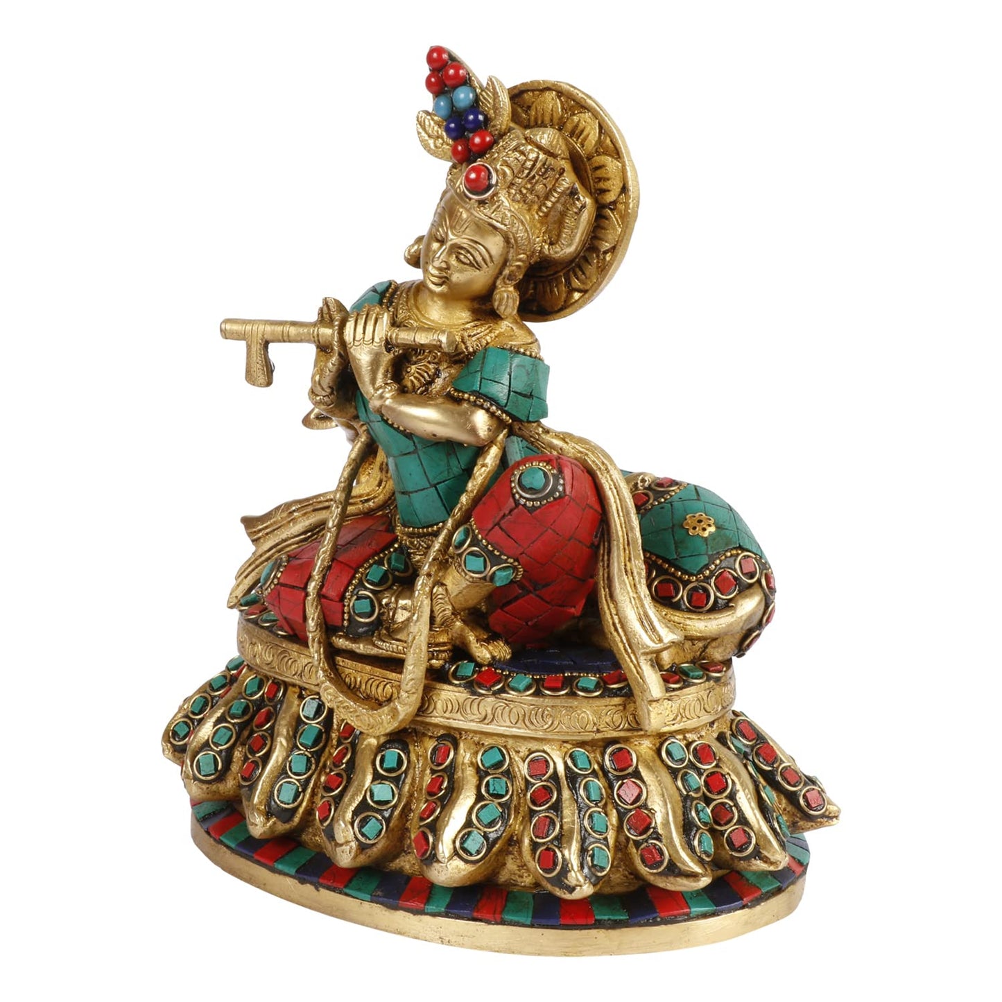 Brass Shri Krishna Idol with Cow Kishan Bhagwan Murti Lord Krishna Cow Statue with Flute Big Size Height 8 Inch - SvarupArt