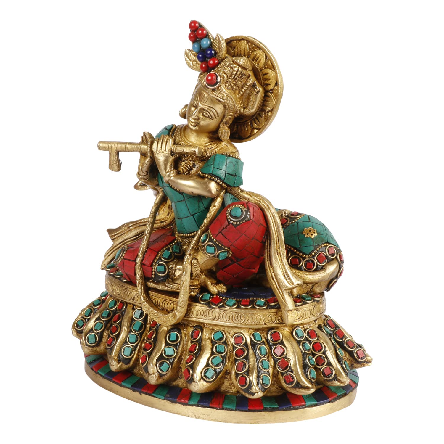 Brass Shri Krishna Idol with Cow Kishan Bhagwan Murti Lord Krishna Cow Statue with Flute Big Size Height 8 Inch - SvarupArt
