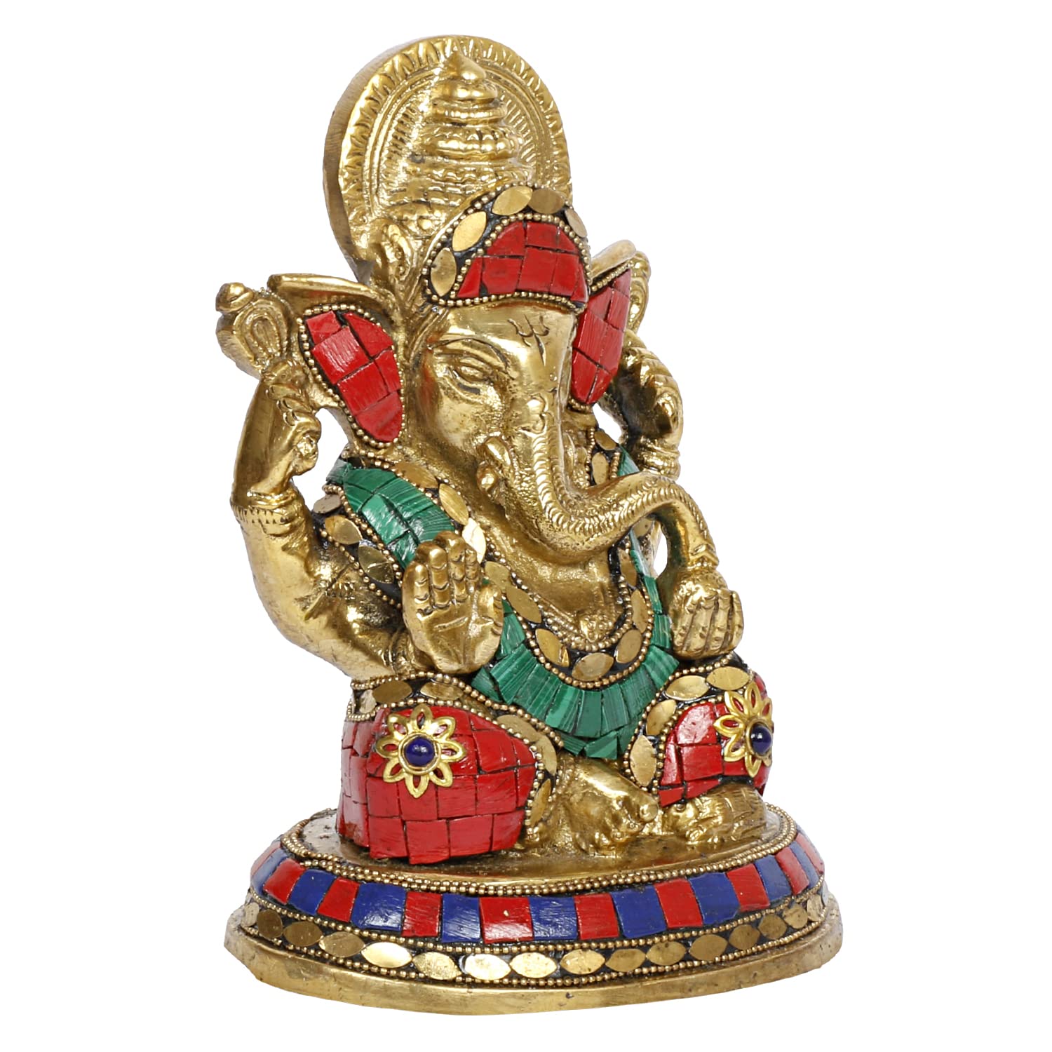 Brass Sitting Ganesha Idol In Multicolor Height 8.5 Inch Weight 1.6 Kg - SvarupArt
