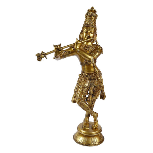 Brass Krishna Bhagwan Idol Murli Kishan Murti Playing Bansuri Gift for Home Mandir Decor Marriage Height 23 Inch - SvarupArt