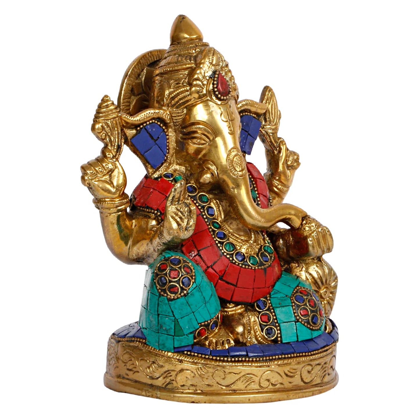 Brass Ganesh Sitting Ganesha Idol In Multicolor for Puja Home Decor Height 6.5 Inch - SvarupArt