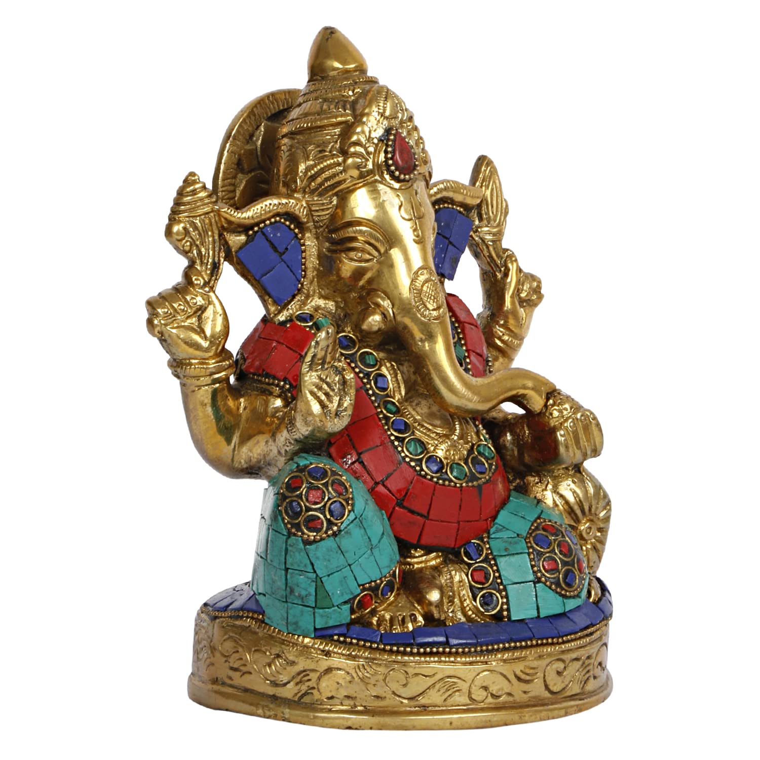 Brass Ganesh Sitting Ganesha Idol In Multicolor for Puja Home Decor Height 6.5 Inch - SvarupArt