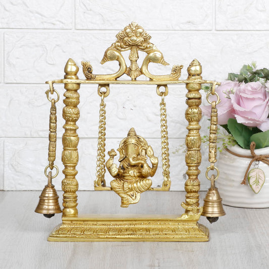 Brass Lord Ganesha Jhula with Hanging Bells Idol for Gift Ganpati Statue Puja Home Decor Office Decoration Vinayaka M... - SvarupArt